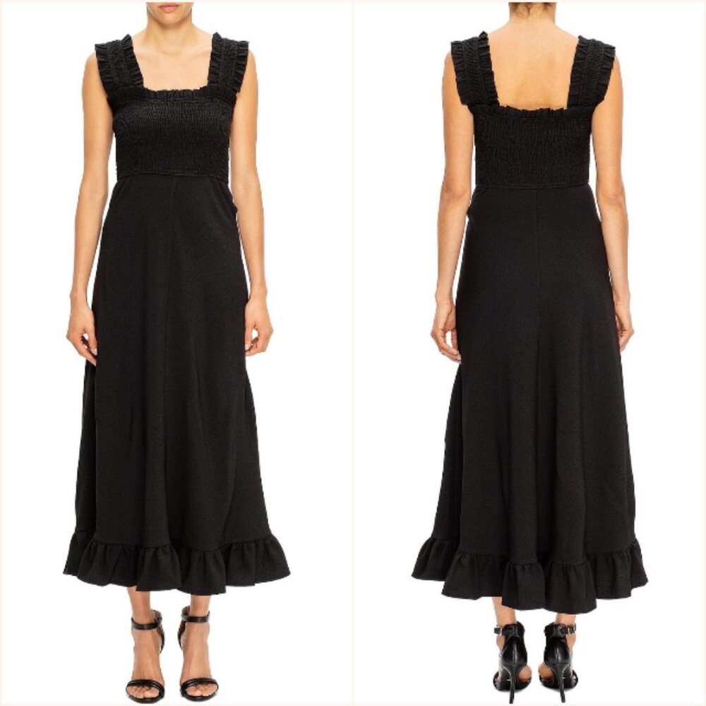 NWT Ganni Black Heavy Crepe Sleeveless Smocked Maxi Dress Size 32 EU‎ 0 US
